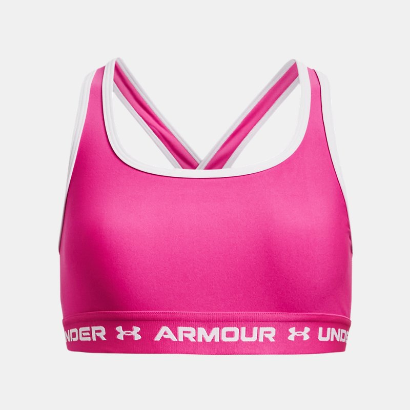 Girls'  Under Armour  Crossback Sports Bra Rebel Pink / White YLG (59 - 63 in)